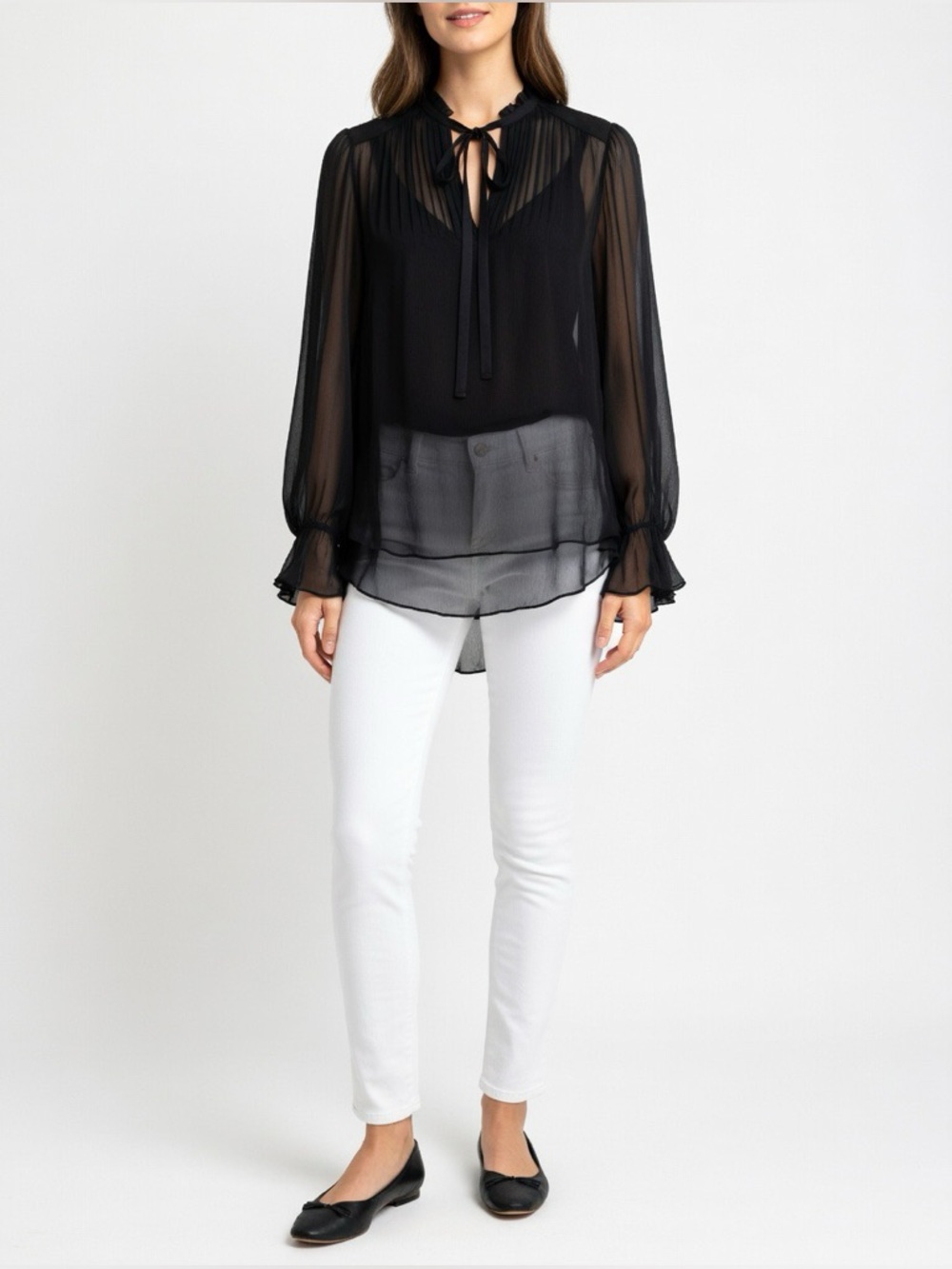 Massimo Dutti Black Sheer Pleated Tie Neck Blouse Size 6